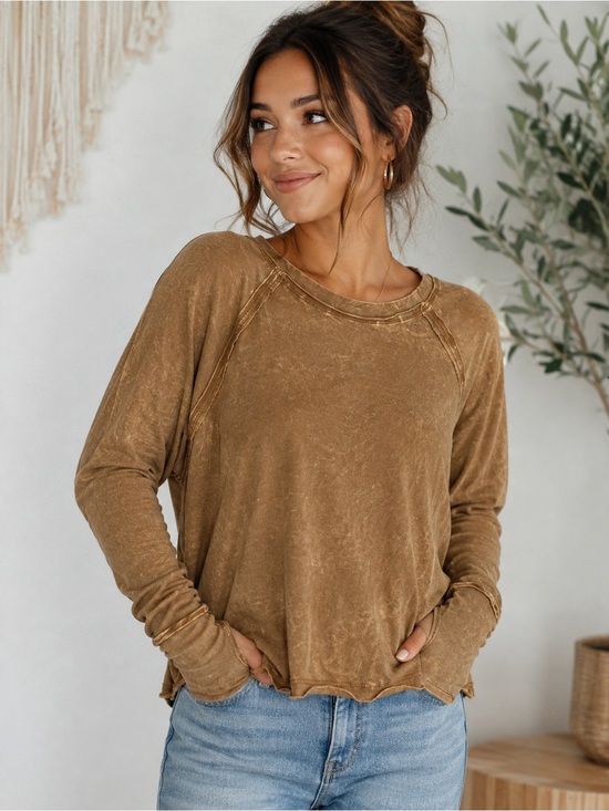 Zenana Outfitters Tops - Last ONE ‼️ Zenana Relaxed Crewneck Mineral Washed Long-Sleeve Top - Deep Camel